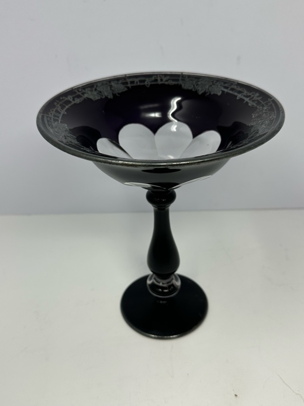 Vintage Black & Clear Amethyst Pedestal Bowl With Sterling Overlay A3